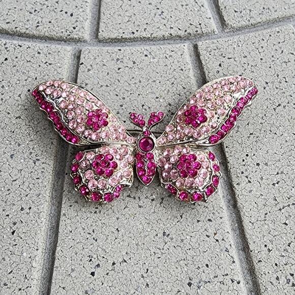 Handcrafted Silver Tone Pretty In Pink Butterfly Brooch Pin - Picture 8 of 8
